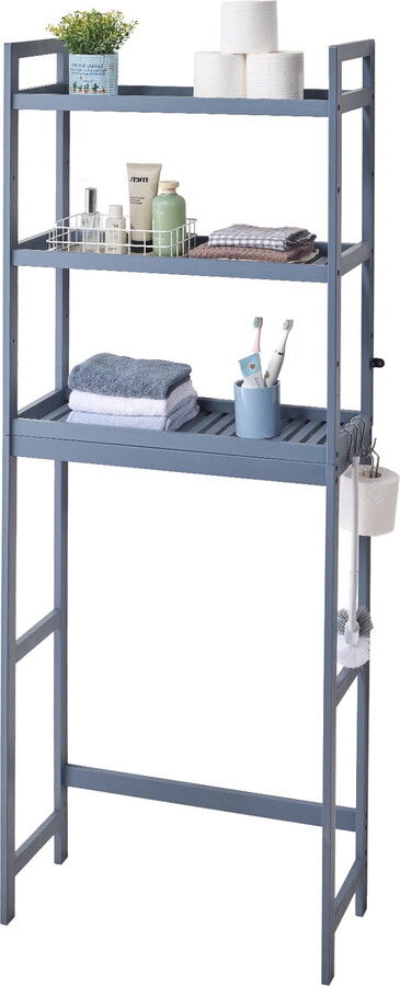 KFFKFF Above Toilet Shelving, 3-Level Bamboo Bathroom Shelf with Adjustable Heights, Includes 3 Hooks, Standalone Assembly for Space Optimization, Compatible with Various Toilets, Gray