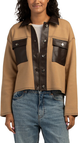 TJMAXX Faux Leather Combo Sweater Jacket For Women, Nylon/Leather/Rayon