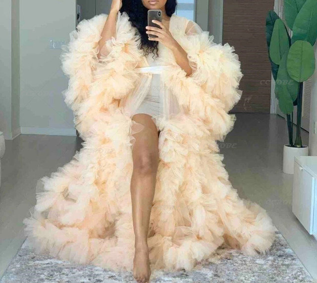 None Sweet Girl Vintage Tulle Robe Perspective Sheer Tulle See Through Long Pink Dressing Gowns Fluffy Maternity Dress Photoshoot