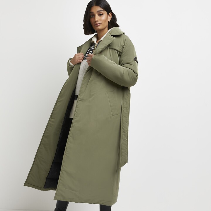 River Island Womens Khaki belted puffer trench coat - ShopStyle