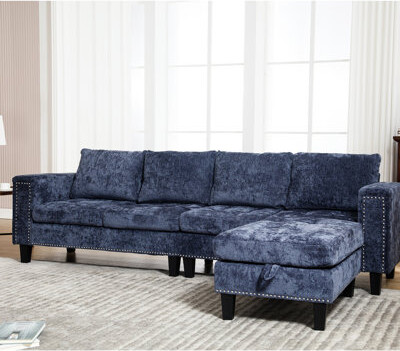 Latitude Run 5 Reversible Chaise Couch Blue Chenille L Shaped With Storage Sectional For Home Living Room 5 Seat Couch And Storage