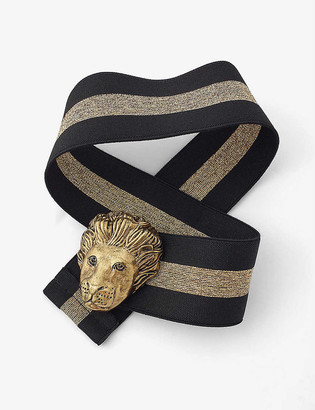Maje Lion-embellished metallic-striped woven belt