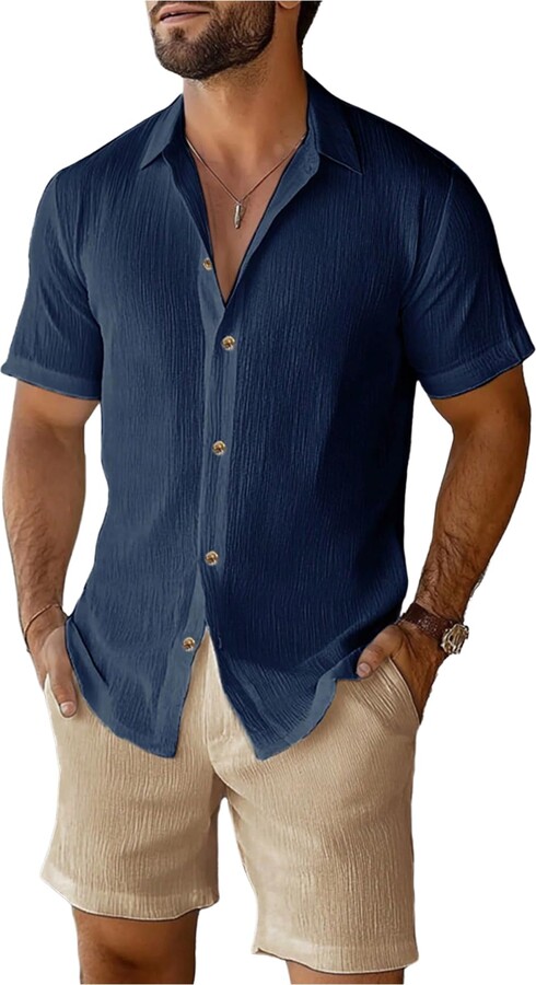 YLSDY Linen Sets For Mens 2 Piece Outfits Short Sleeve Button Down Shirt And Shorts Set Summer Beach Vacation Tracksuits Khaki Xxl - View #2