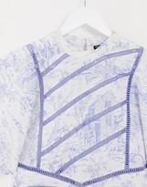 Thumbnail for your product : ASOS DESIGN high neck mini skater dress with ladder inserts in blue and white toile de joue