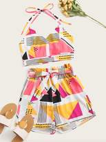 Thumbnail for your product : Shein Geo Print Halter Top With Belted Paperbag Shorts