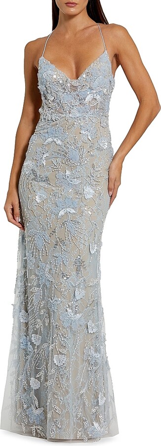 Women's Floral Lace Open Back Gown - Powder Blue - Size 2