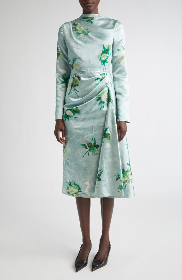 Erdem Abstract Rose Print Draped Long Sleeve Satin Midi Dress