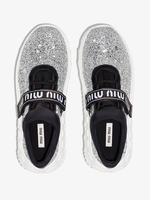Miu Miu Silver Glitter Flatform Sneakers