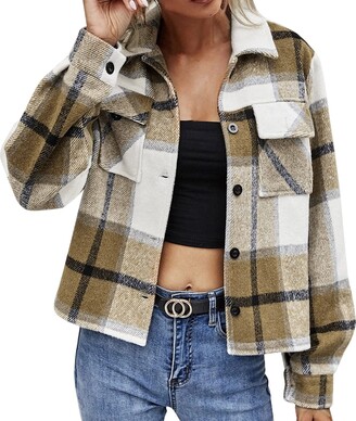 Stkoobq Womens Fashion Autumn Winter Lapel Single Breasted Plaid Jacket  Short Top Dressy Jackets for Woman (Beige XL) - ShopStyle