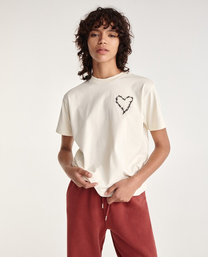 The Kooples Ecru cotton T-shirt & embroidered black heart