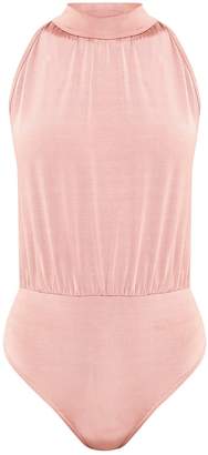 PrettyLittleThing Laura Pink Slinky Shimmer High Neck Thong Bodysuit