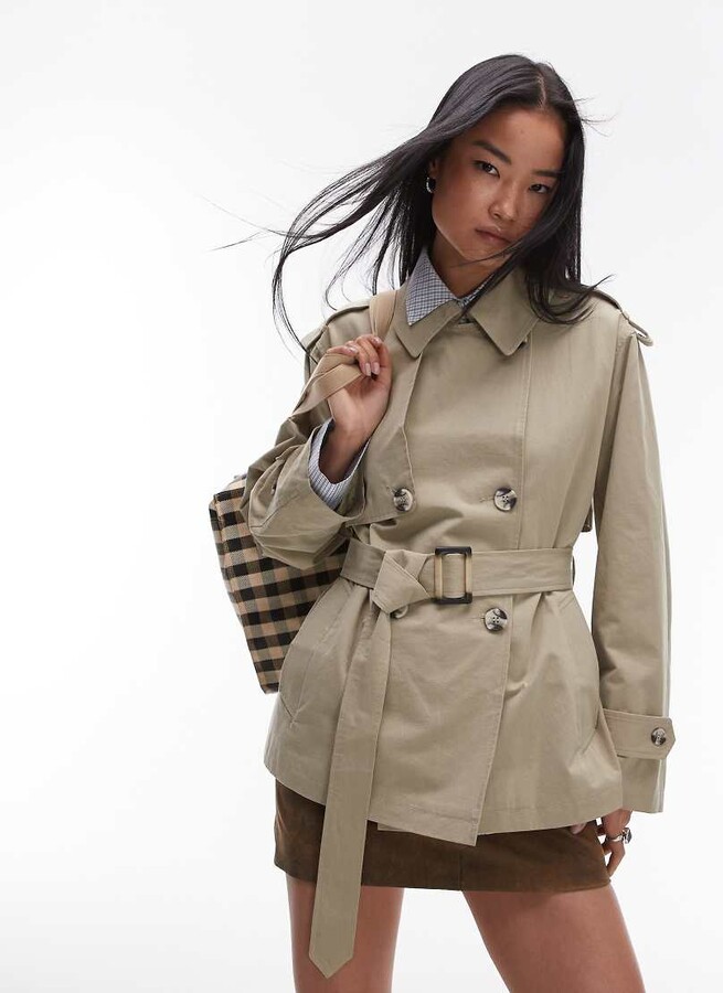 Topshop short trench coat in stone