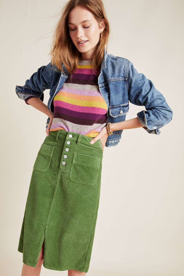 green jean skirt outfit