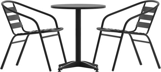 Emma and Oliver EmmaandOliver23.5''BlackRoundAluminumIndoor-OutdoorTableSetwith2BlackSlatBackChairs