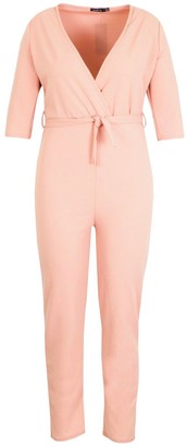boohoo Plus Wrap Belted Tailored Jumpsuit