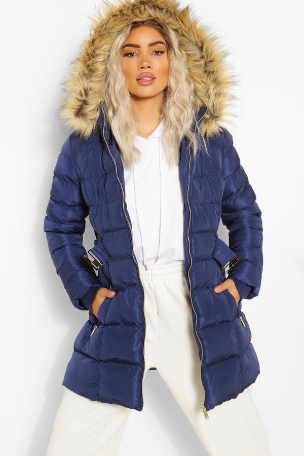 navy puffer jacket with fur hood