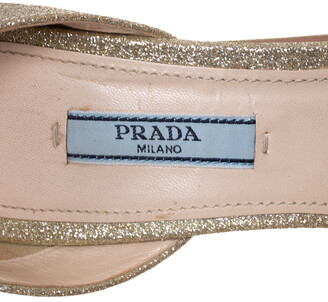 Prada Gold Glitter Ankle Strap Block Heel Platform Sandals Size 38.5