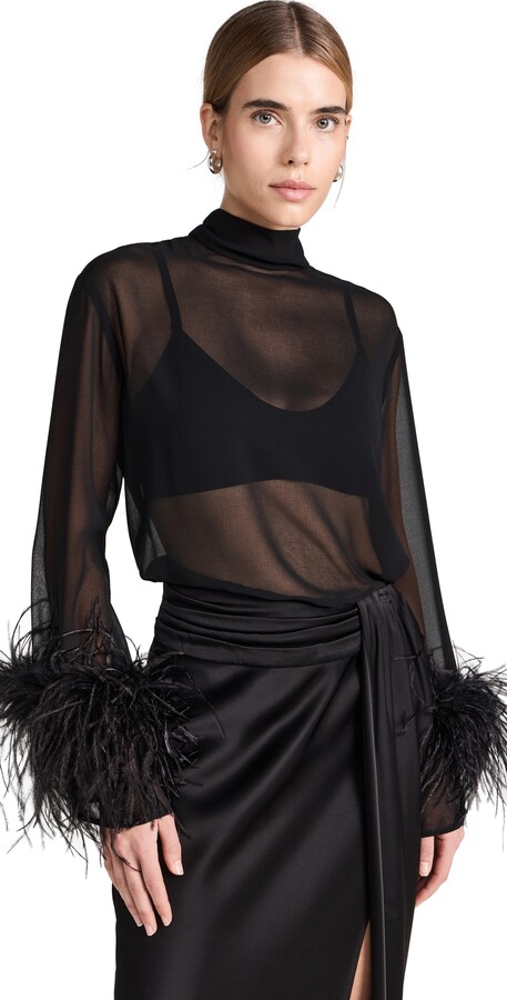 Sally LaPointe Lightweight Georgette High Neck Top with Ostrich