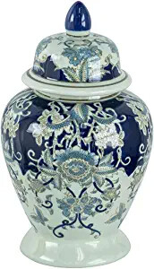 A&B Home 17" Tall Porcelain Vase with Lid Ceramic Blue and White Floral Print Ginger Jar Display Storage Asian Decor Centerpiece