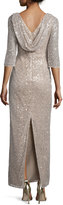 Thumbnail for your product : Kay Unger New York 3/4-Sleeve Sequin Drape-Back Column Gown, Champagne