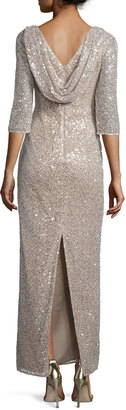 Kay Unger New York 3/4-Sleeve Sequin Drape-Back Column Gown, Champagne