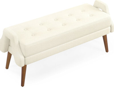 George Oliver Modern Bench With Looped Fabric Top Cushion, Non-traditional Geometric And Rubberwood Legs Loop Padding, Unique Irregular Leg Structure