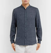 Thumbnail for your product : Brunello Cucinelli Grandad-Collar Linen Shirt - Men - Navy