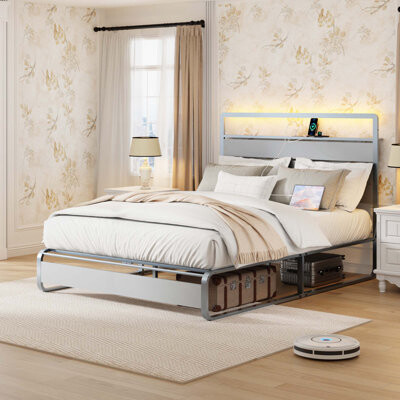 Bed Frame with Headboard, Metal Platform Bed Frame with Charging Station, Heavy Duty Platform Bed Frame with LED