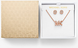 Michael Kors Rose Gold-Tone Brass Logo Necklace and Earrings Set - ShopStyle