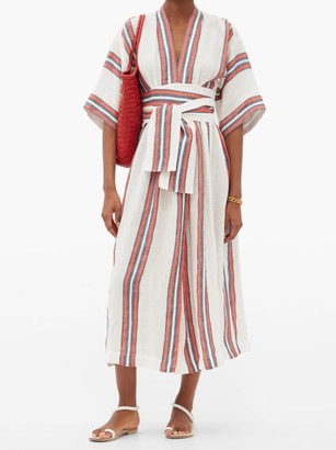 Three Graces London Charita V-neck Striped Linen Wrap Dress - Red Stripe