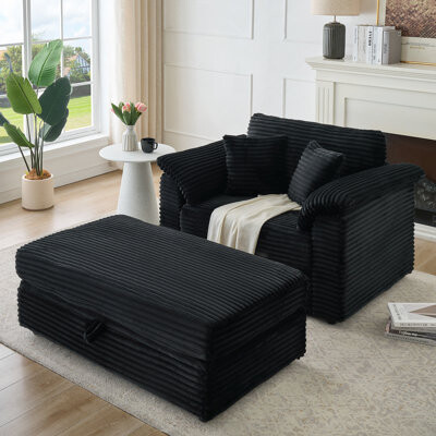 Latitude Run Comfortable Single-Person Spring-Wrapped Corduroy Armchair With Storage Stool And Dual USB Ports Ideal For Living Room And Bedroom Relaxation