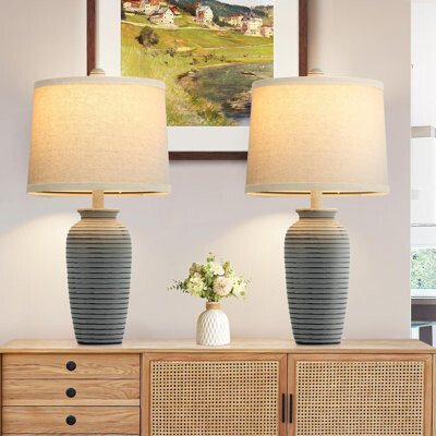 Lark Manor Farmhouse Table Lamps Set Of 2 With 3-Color Temperature LED Bulbs Included, Rustic Resin Nightstand Lamps For Bedroom Living Room End Table, Vintage S