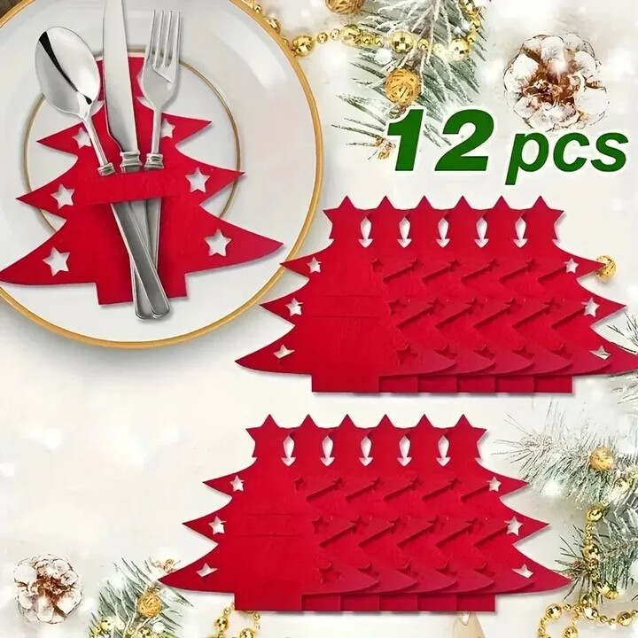 other 12Pcs Christmas Tree Shaped Felt Cutlery Mats With Stars Decor Durable For Home Christmas Festive Party Table Decor Accessories