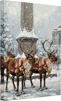 Charlton Home Christmas Reindeer Pulling Sleigh In Snowy Cityscape Set of 3 Canvas Wall Art Prints