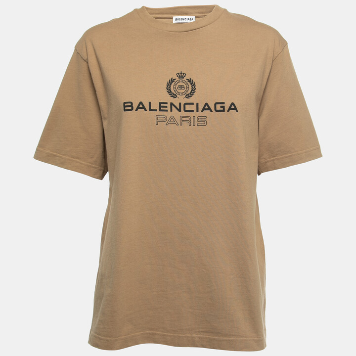 College Logo Cotton T Shirt in Beige - Balenciaga