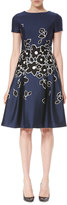 Thumbnail for your product : Carolina Herrera Short-Sleeve Floral-Embroidered Dress, Dark Navy/Black