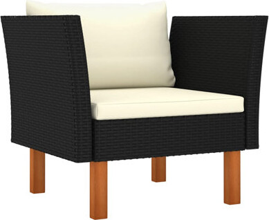 Benjara Outdoor Sofa Chair Black Rattan Ivory Cushions Brown Wood 29 Inch