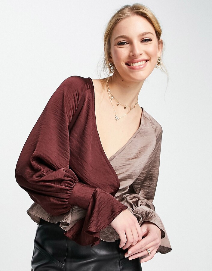 ASOS DESIGN colourblock wrap top with tie button cuff in mauve