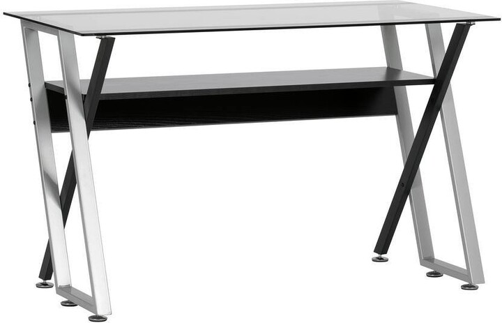 Calico Designs Colorado 47 in W Laptop/Writing Desk in Black/ Silver with Clear Glass Top and Storage Shelf