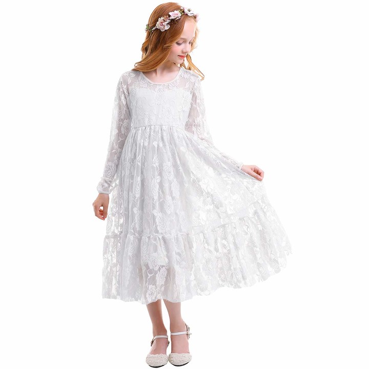 IWEMEK Vintage Lace Flower Girls Dress Boho Rustic Maxi Tulle Ball Gown