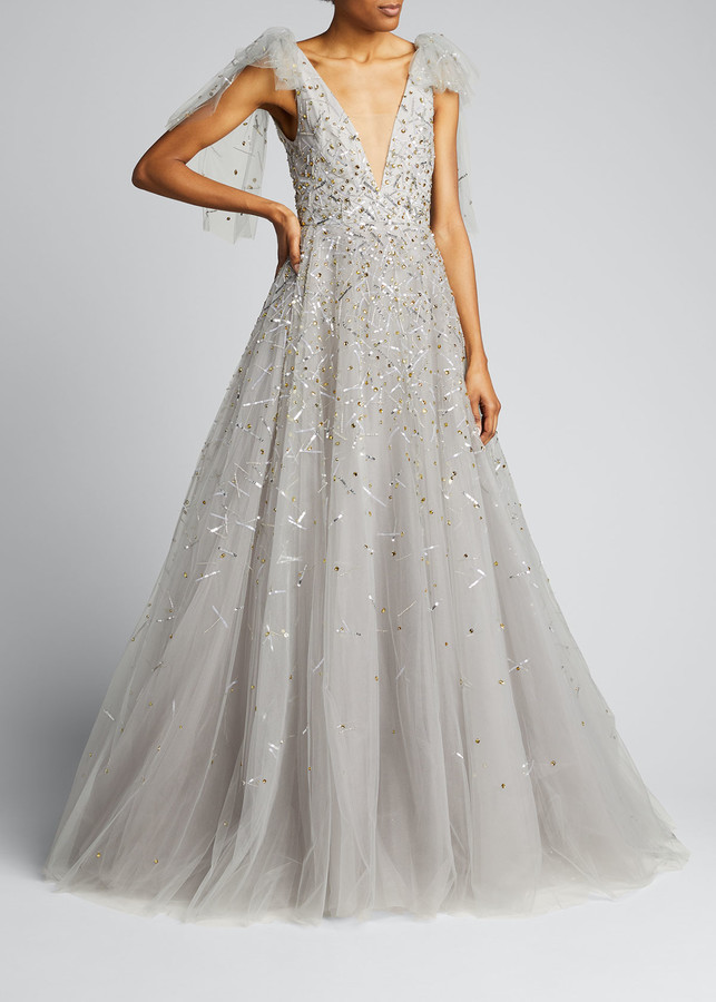 Monique Lhuillier Embroidered Tulle V ...