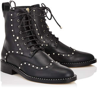Jimmy Choo HANAH FLAT Black Smooth Leather Boots with Pearl Detailing