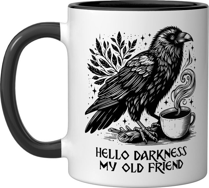 Hello darkness my old friend Cute Gift Hello darkness my old friend Raven Crow Holding Tea Coffee Ceramic Mug, Black/White