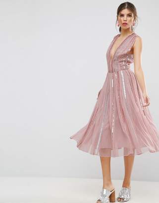 ASOS Edition Salon Sequin Mesh Fit And Flare Midi Dress