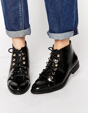 CeCe Truffle Collection Lace Up Ankle Boots - Black high shine pu