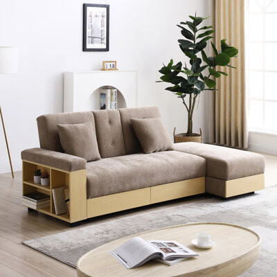 Latitude Run Multifunctional Convertible Bed With Storage , Arm Box, Drop Down Table, 2 Cup Holders, Cushions, Reversible Armrest, Soft Linen Upholstery, Wooden Fr