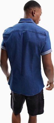 ASOS DESIGN short sleeve stretch slim denim shirt in mid wash blue