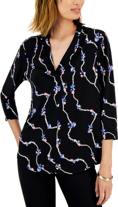 Charter Club Printed Pearl Chain V-Neck Blouse, Created for Macy's