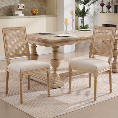One Allium Way Beige Upholstered, French - Style Dining Chairs, Of 2, Natural Square Back, Solid Wood Structure, Carving Details, Elegant Appearance Disassemblable,