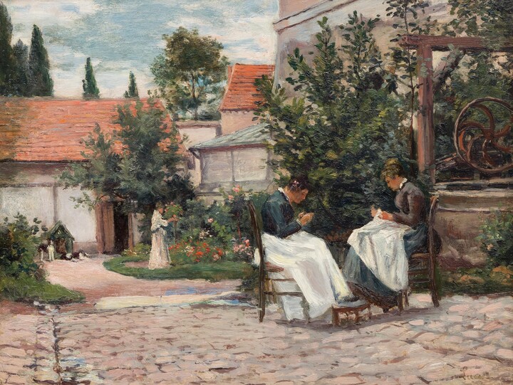 Maximilien Luce, La Couture au Jardin, Gisors - Oil on Panel Garden Scene, 1897, 1897